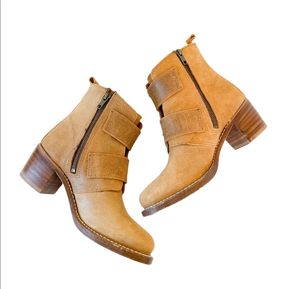 Frye Tan Suede Double-Buckle Heeled Ankle Boots - Picture 9 of 15